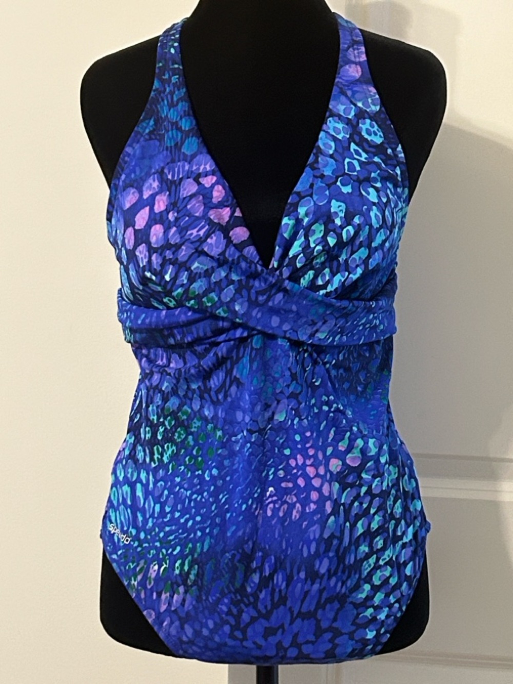 Speedo Blue Purple Multicolor V-Neck One-Piece Cross-back Swimsuit